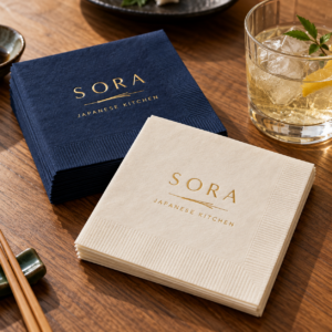 Illustrative custom restaurant branding on disposable paper napkins
